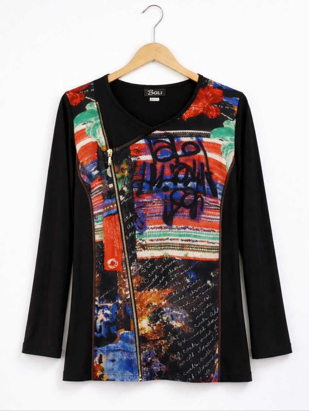 Vintage Bali of Canada Colorful Abstract Print Decorative Zipper Stretch Top